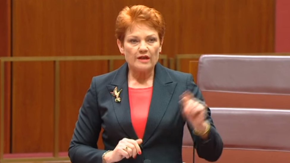 Австралийский политик Полин Хэнсон выступает с речью в австралийском парламенте