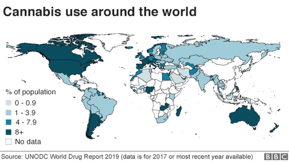 Карта, показывающая употребление каннабиса во всем мире