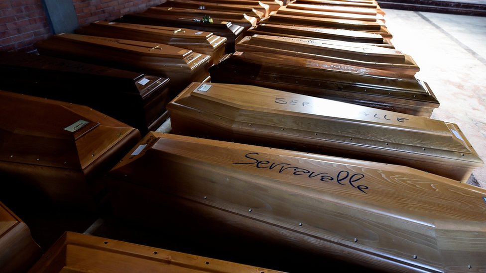 Coffins inside a cemetery chapel in the town of Serravalle
