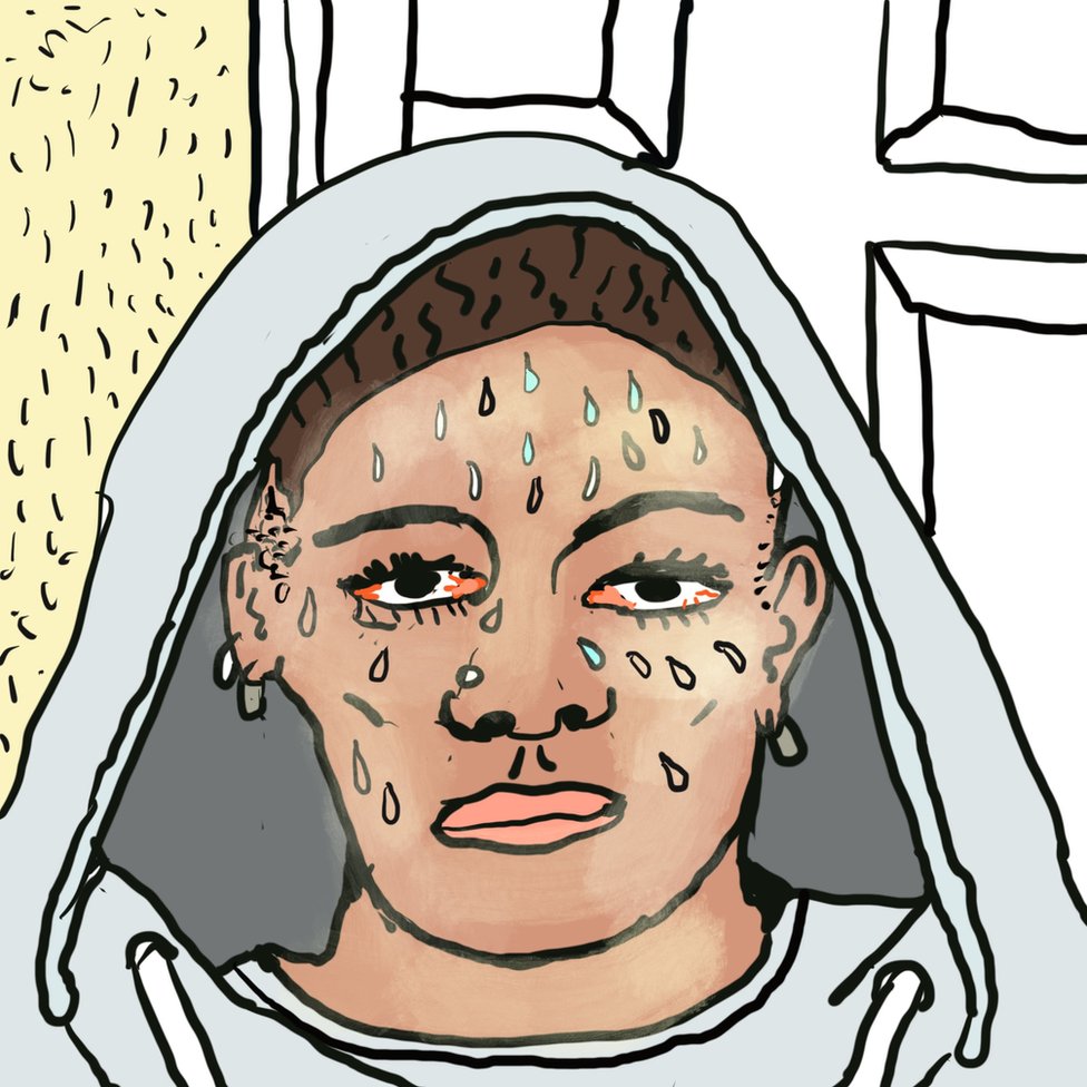 A drawing of Monique sweating