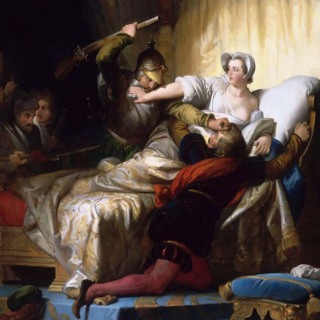 Escena en el dormitorio de Margarita de Valois durante la Masacre de San Bartolomeó