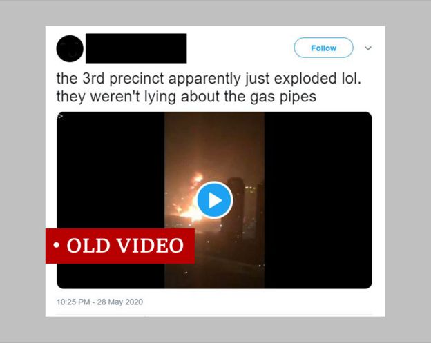 لقطة أخذت لتغريدة تدّعي كذبًا أن الفيديو يظهر منطقة شرطة أمريكية مشتعلة. أطلقنا عليه "فيديو قديم"