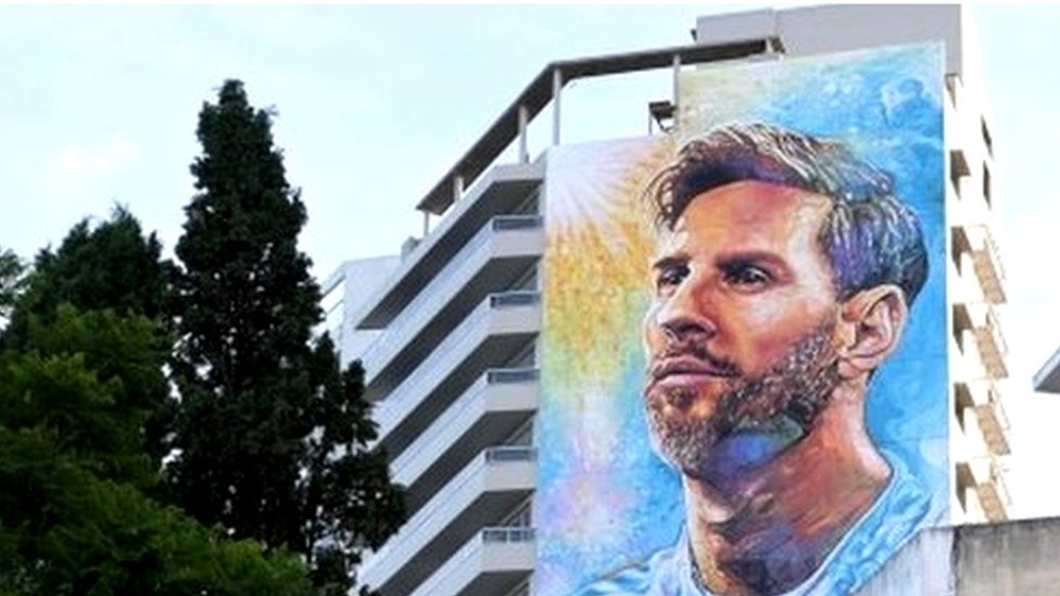 A general view shows a 69 metres mural depicting soccer super-star Lionel Messi, painted by artists Marlene Zuriaga and Lisandro Urteaga, at Messi"s hometown, in Rosario, Argentina December 13, 2021