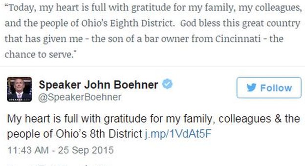 Твит Джона Бонера: Мое сердце полно благодарности за мою семью, коллег и жителей 8-го округа Огайо