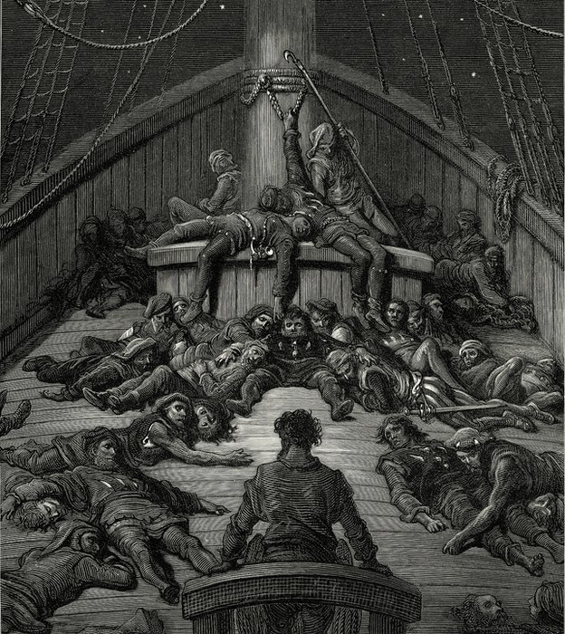 Morían más tripulantes por enfermedad que en combates. Marineros muriendo en barco; grabado del siglo XIX