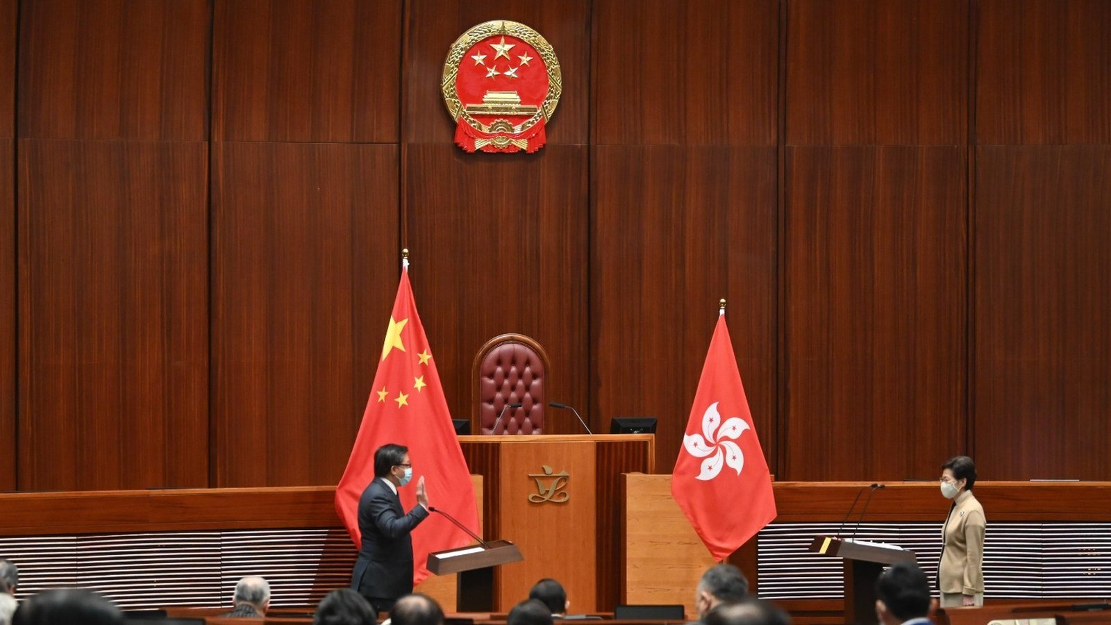 Hong Kong Chief Executive Carrie Lam listens as a member of the seventh-term Legislative Council (LegCo) takes an oath in the Chamber of the LegCo Complex on January 3, 2022 in Hong Kong, China