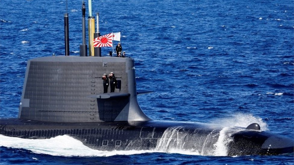 FILE PHOTO: The Uzushio-class submarine of the Japan Maritime Self-Defense Force (JMSDF) sails during the International Fleet Review to commemorate the 70th anniversary of the foundation of JMSDF, at Sagami Bay, off Yokosuka, south of Tokyo,