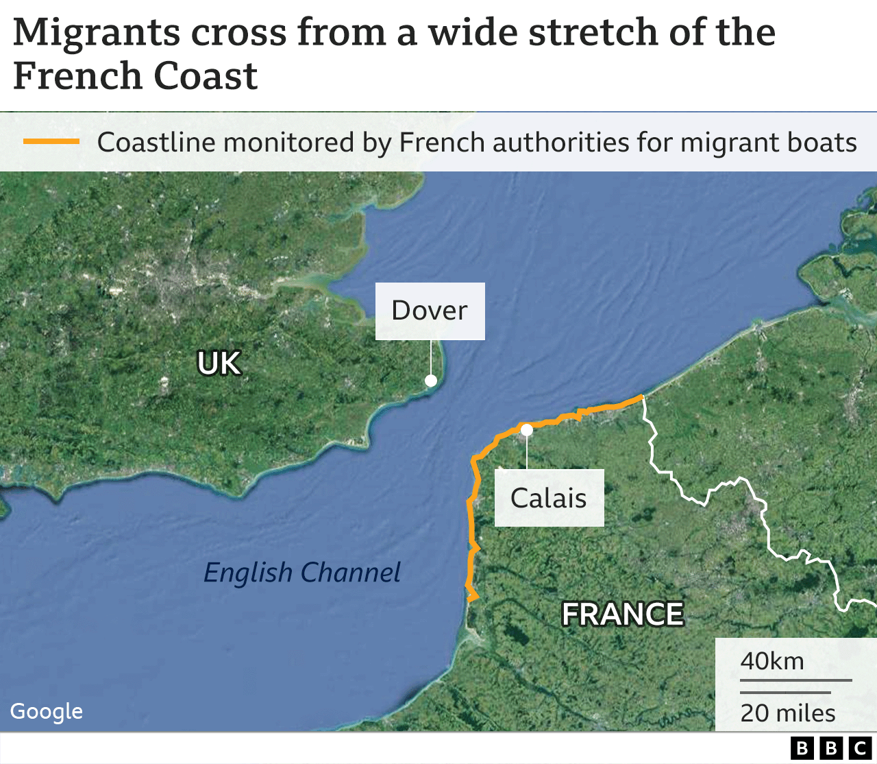 Map showing areas where migrants leave France to cross the channel