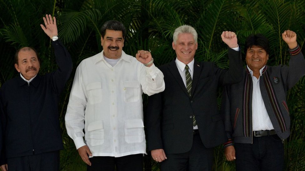 Daniel Ortega en 2018 junto a los presidentes de Venezuela, Nicolás Maduro, y Cuba, Miguel Díaz-Canel, y el entonces presidente boliviano Evo Morales.