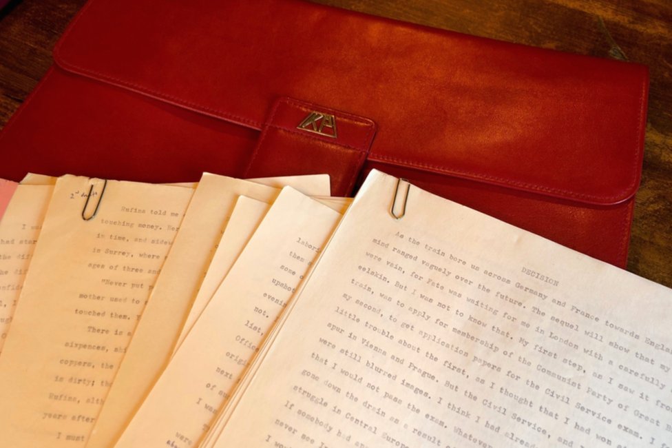 Typed memoir of Kim Philby and a leather folder with his initials