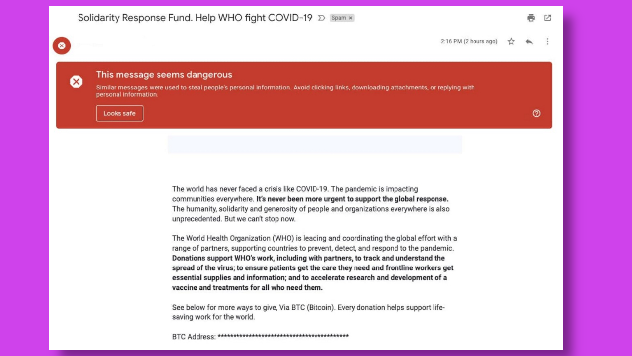 A scam email impersonating the WHO. It encourages the recipient to 