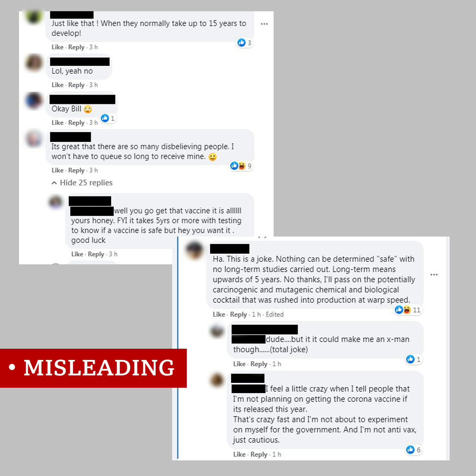 Two screenshots of Facebook comments in response to positive developments in the Oxford University vaccine trial. Users say the trials have been 