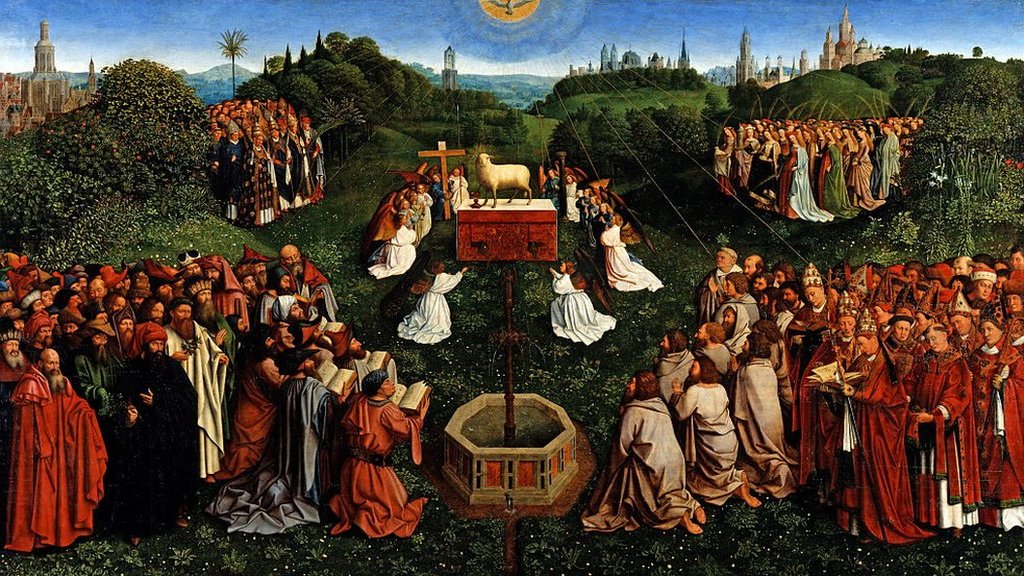 Panel of the adoration of the Mystic Lamb