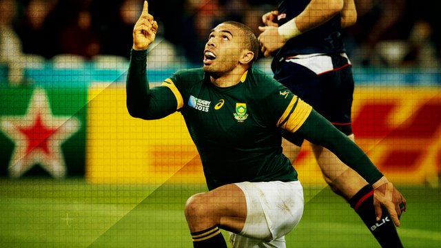 Bryan Habana celebrates scoring a try for South Africa at the Rugby World Cup