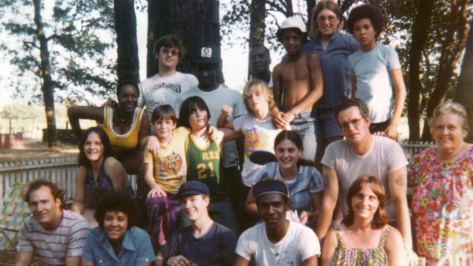 Group of young people photographed at the Redwood Valley Ranch in 1975