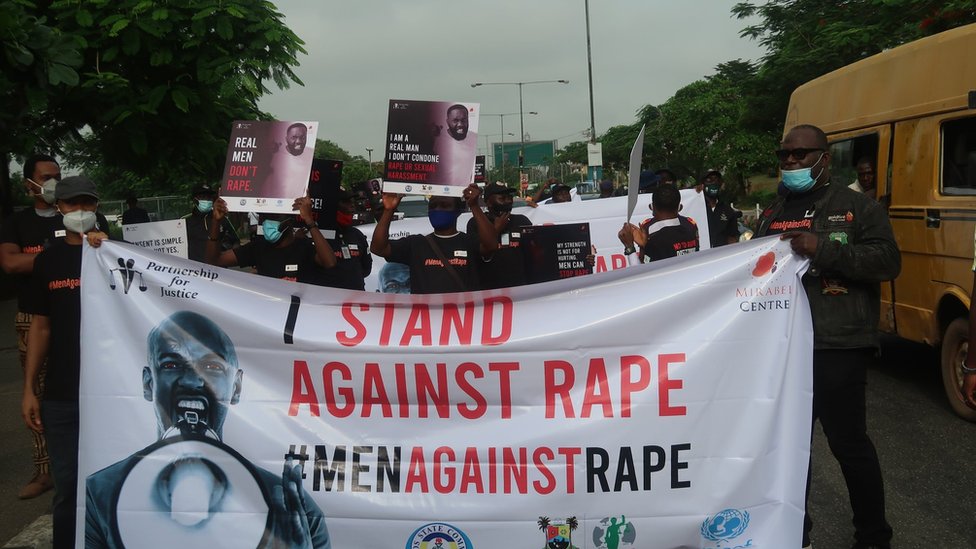 A group of men known as Men Against Rape hold all-male awareness walk against rape, sexual and gender-based violence at Ikeja in Lagos, Nigeria on June 11, 2020