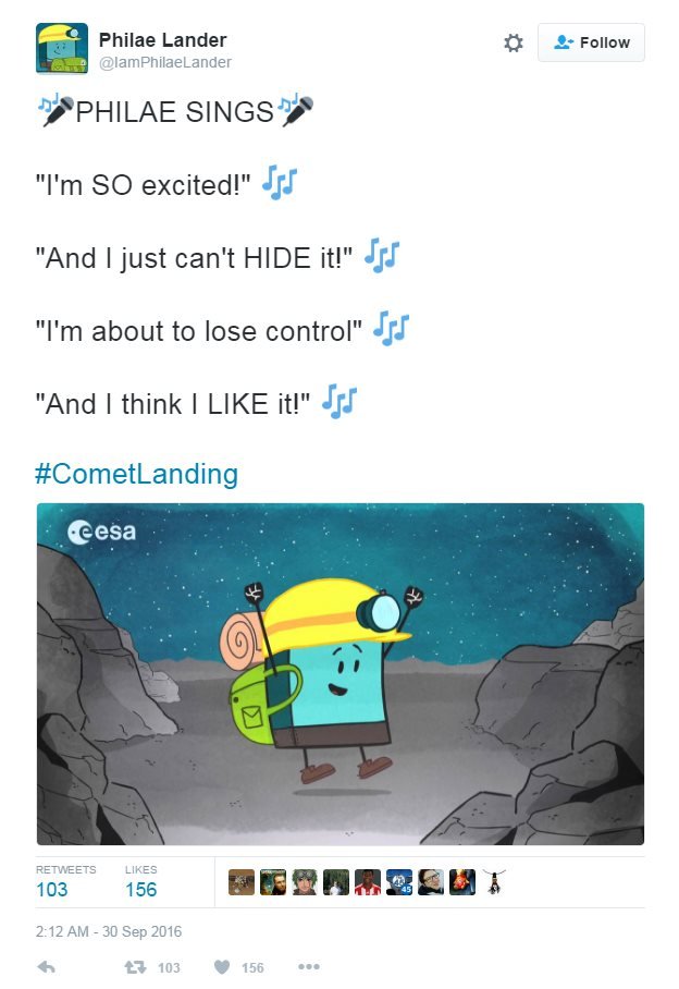 На карикатурном изображении зонда Philae Lander изображен зонд Rosetta, присоединяющийся к нему на комете. Он поет "Я так взволнован" сестрами-указательницами.