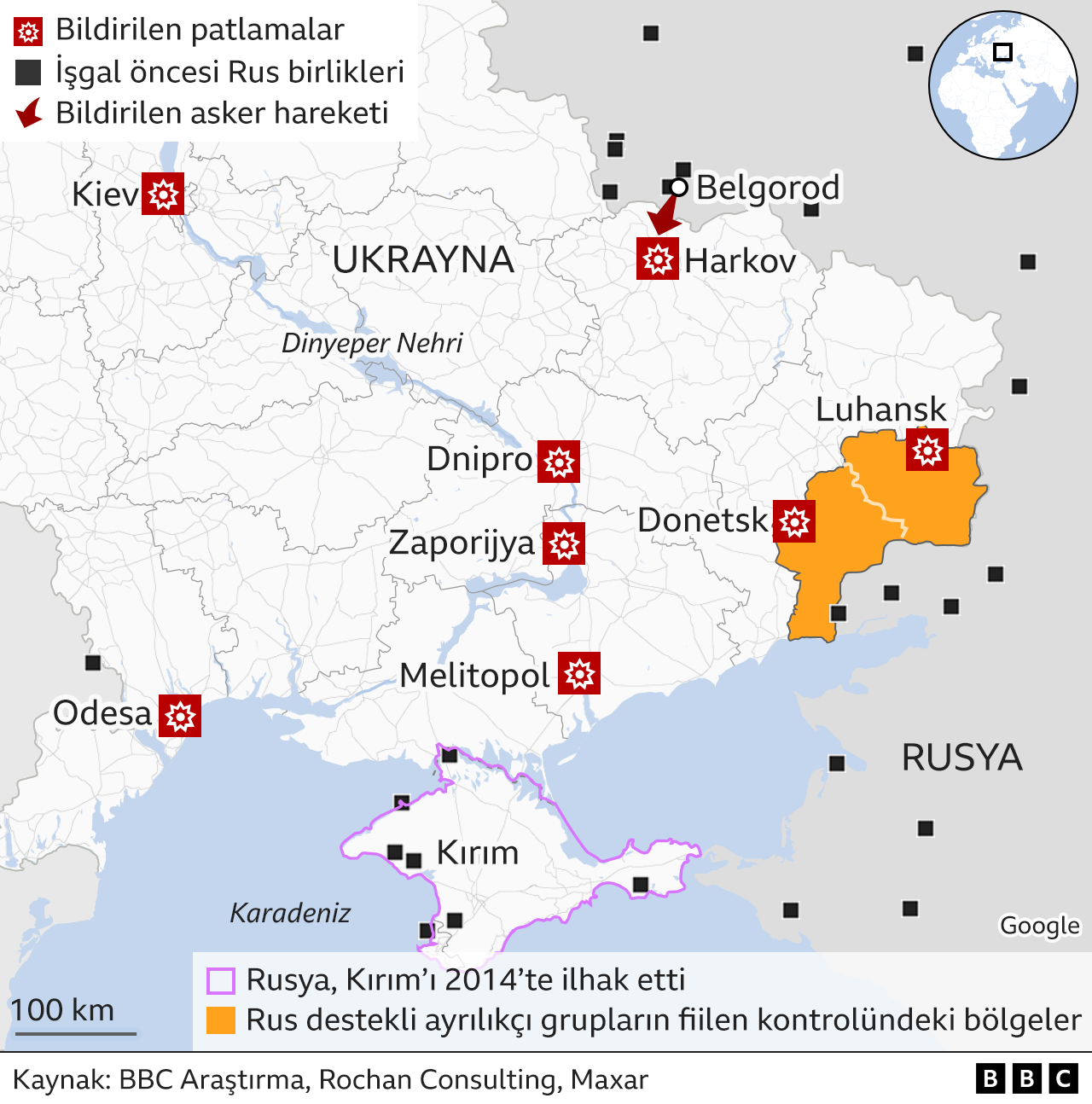 Rusya saldırılarını gösteren harita, 24 Şubat 2022.