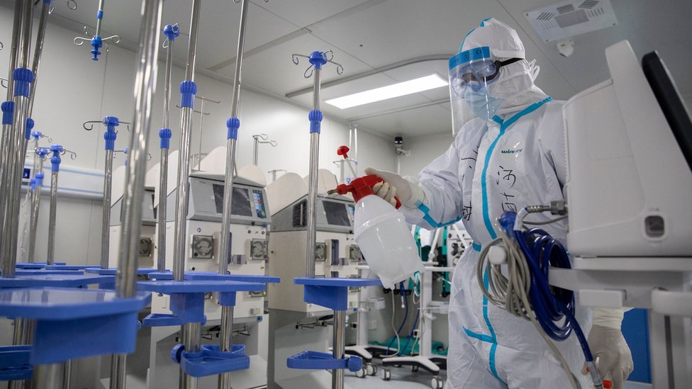 Nurse disinfects hospital in Wuhan