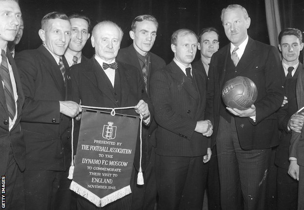 6th December 1945: The Football Association presenting a commemorative pennant to Dynamo Moscow at the farewell party held for the football team after their successful tour of Britain