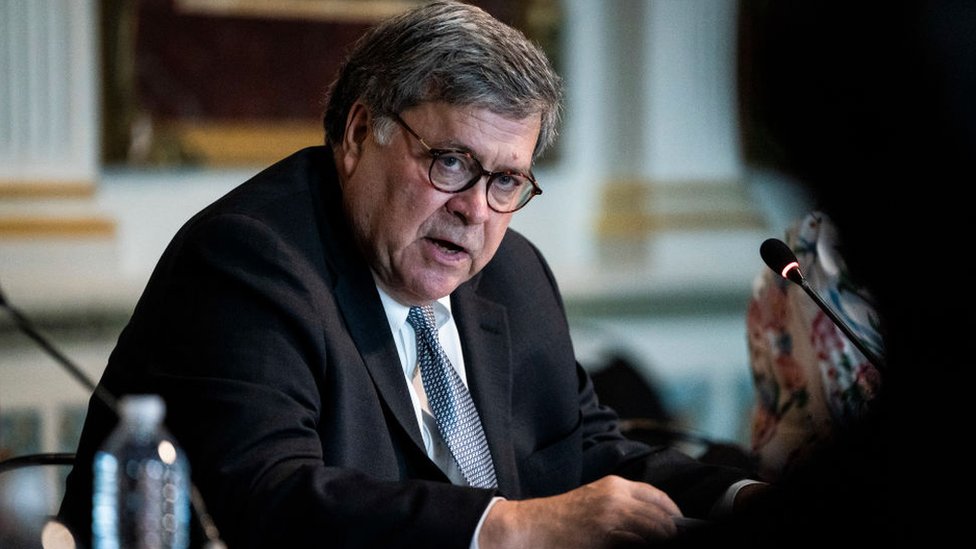 Attorney General William Barr speaks during an event to highlight the Department of Justice grants to combat human trafficking