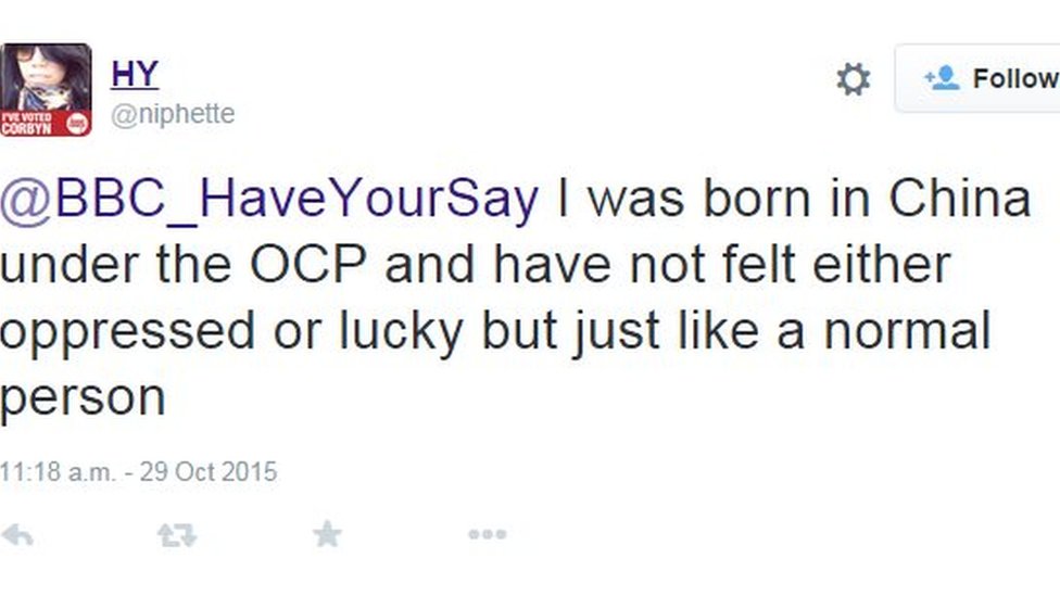 Снимок экрана Twitter, сделанный @niphette, который пишет: Я родился в Китае при OCP и не чувствовал себя ни угнетенным, ни удачливым, а как нормальный человек