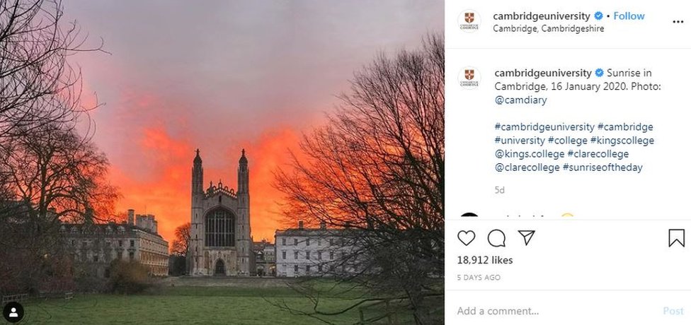 Фото восхода солнца в Королевском колледже в Instagram