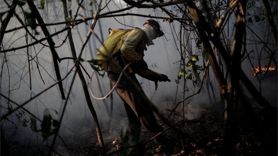 Волонтер тушит лесной пожар в районе национального парка Шапада-дос-Веадейрос, в Альто-Параисо, Гояс, Бразилия, 24 октября 2017 г.