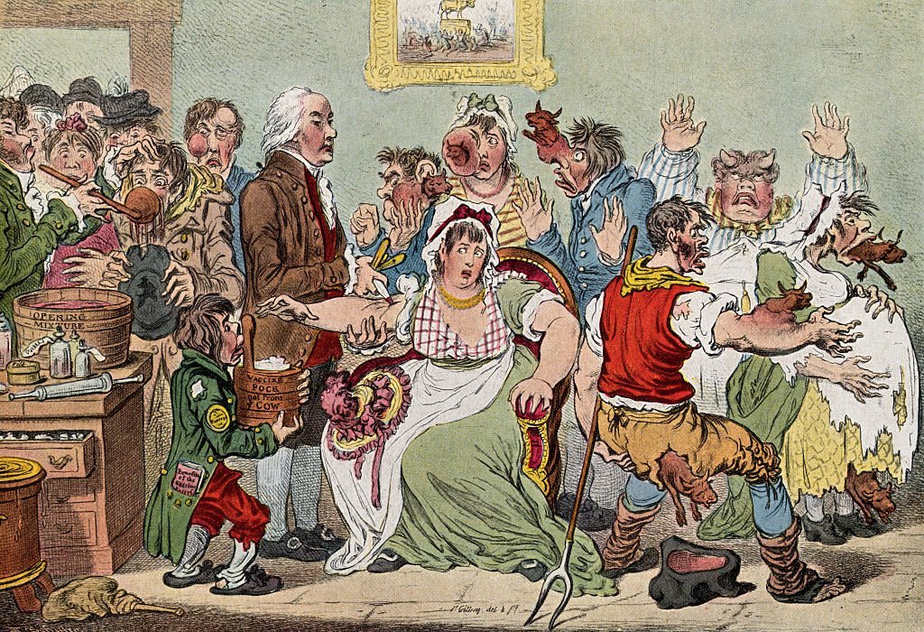 Cartoon of people sprouting cows from their arms and heads, someone who has grown horns out of their head and people queuing to drink a potion