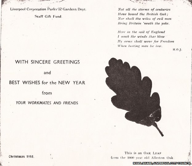 В 1941 году эта рождественская открытка с листом дуба Аллертон была отправлена ??солдатам