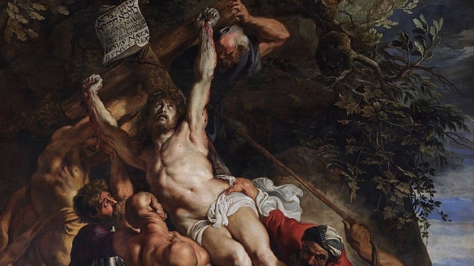 Jesus sendo erguido na cruz, de Rubens