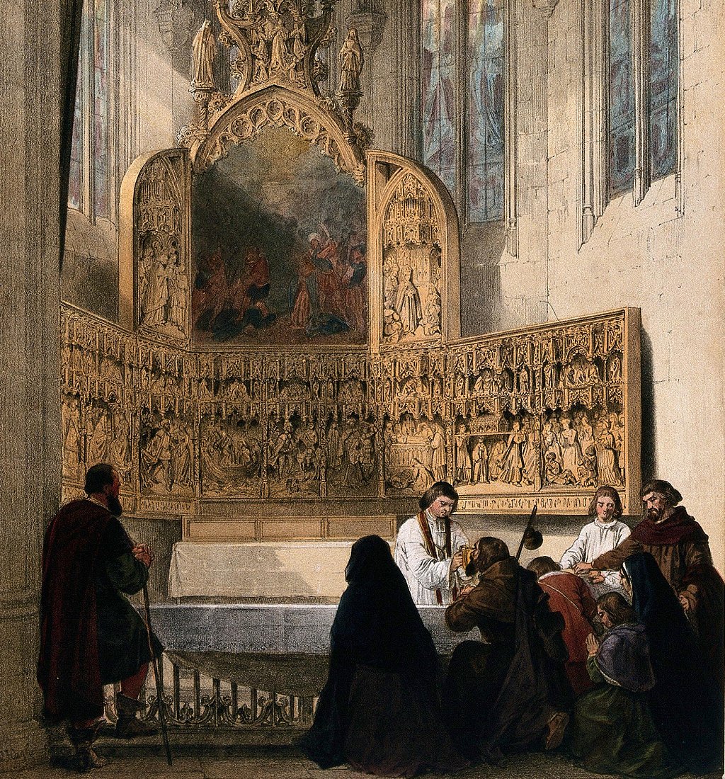 Peregrinos recibiendo la Eucaristía en la capilla de Santa Dimpna en Geel. Litografía coloreada de Louis Haghe (1806-1885).