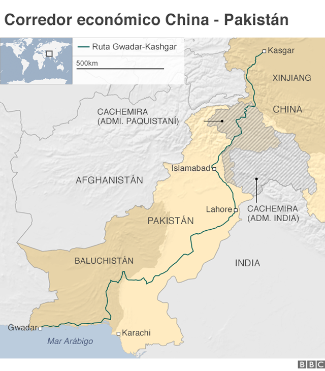 Mapa del corredor económico China-Pakistán.
