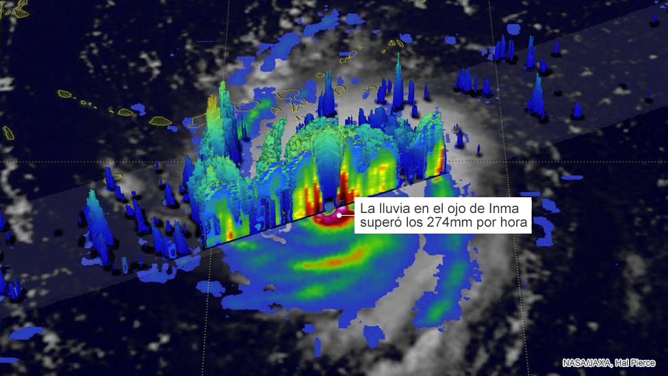 El análisis del ojo del huracán hecho por la Nasa muestra lluvia cayendo a más de 274 milímetros por hora. Infrarrojos de la Nasa