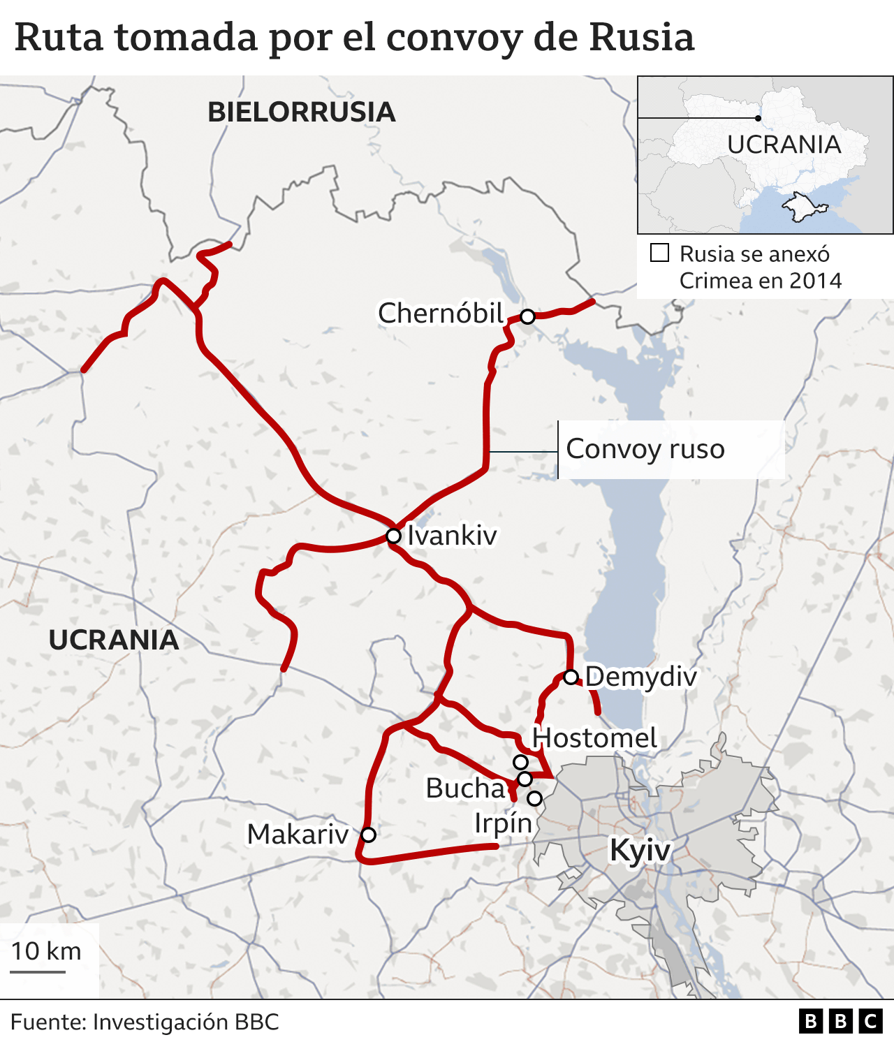 Gráfico muestra las rutas tomadas por el convoy de Rusia en el norte de Ucrania