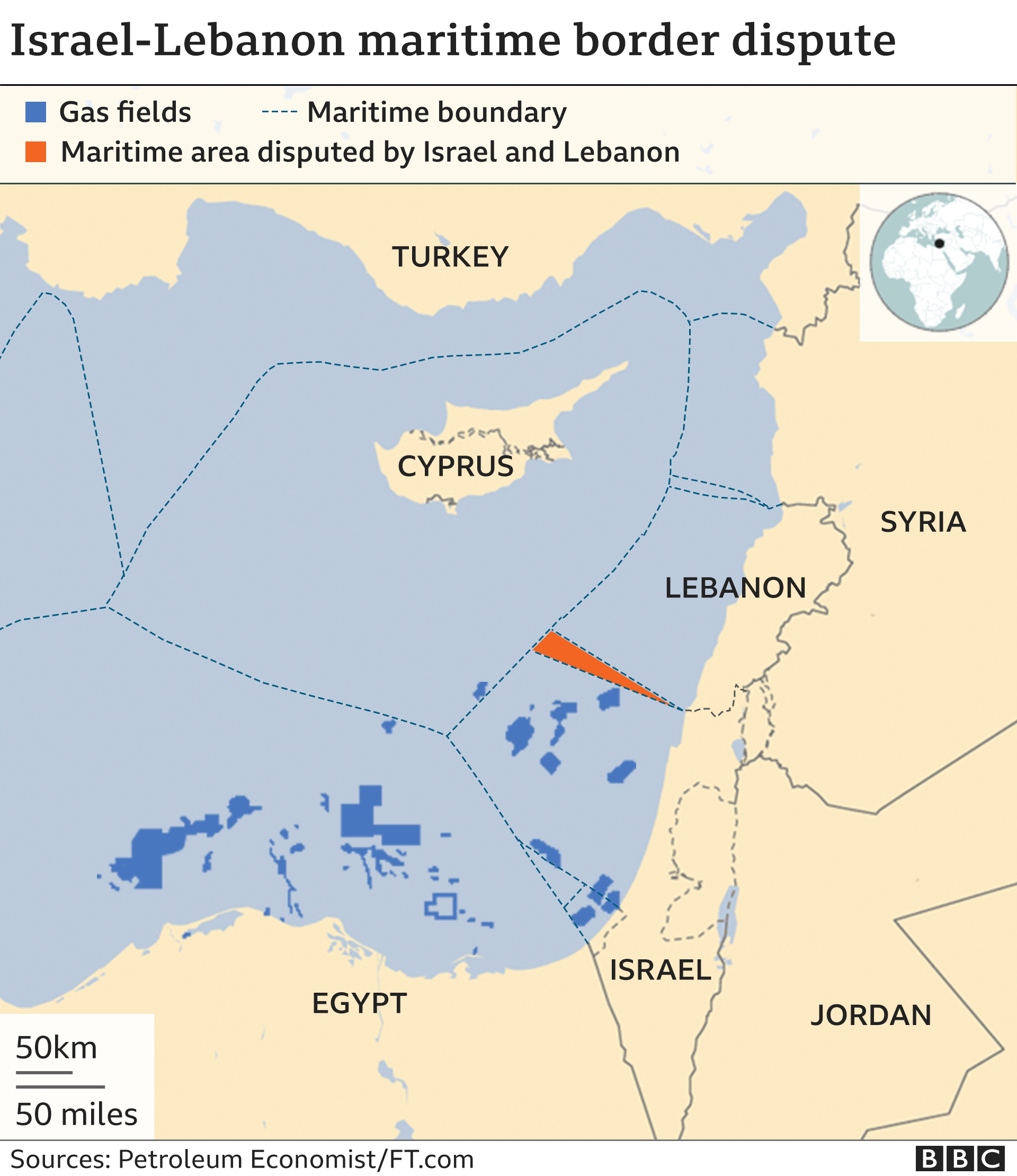 Карта, показывающая спор о морской границе между Израилем и Ливаном