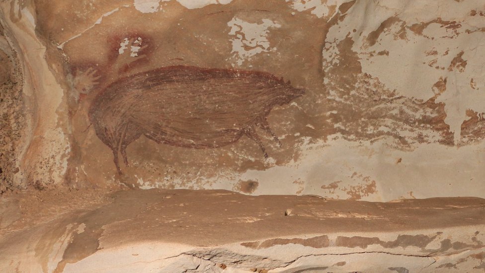 印尼岩洞中發現的史前圖畫——豬和手掌印