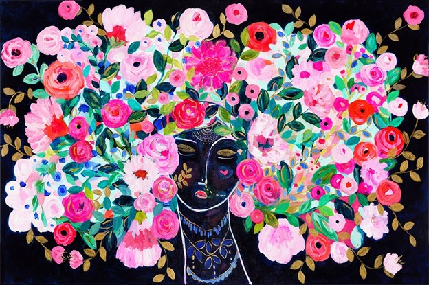 One of Carrie Schmitt's paintings: A lady's portrait with the hair painted as flowers
