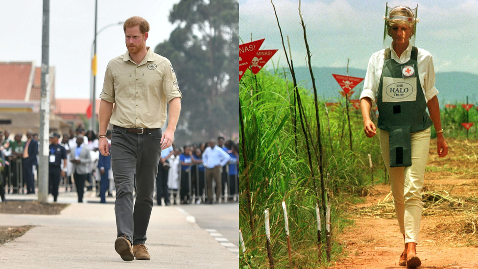 Prince Harry walking through the site of the minefield where Princess Diana, pictured alongside that picture, visited