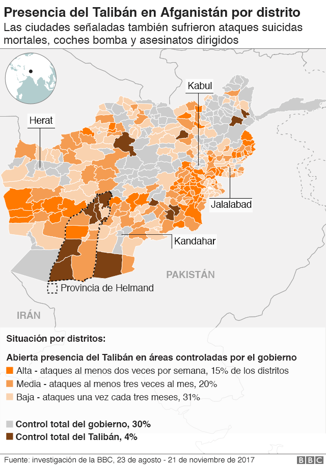 Mapa presencia del Talibán en Afganistán.