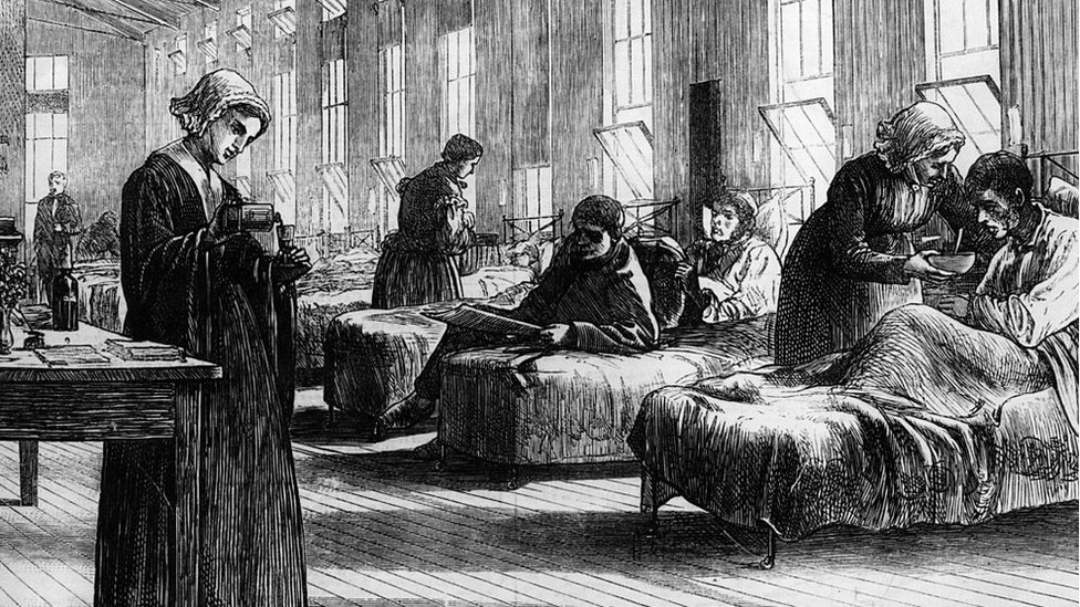 Sketch drawing of female nurses tending sick patients in bed