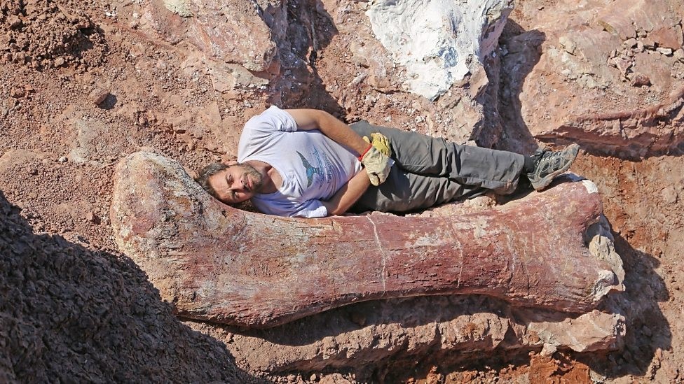 Diego Pol acostado al lado de un hueso de dinosaurio.