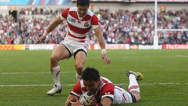 Japan score a try against South Africa in the Rugby World Cup