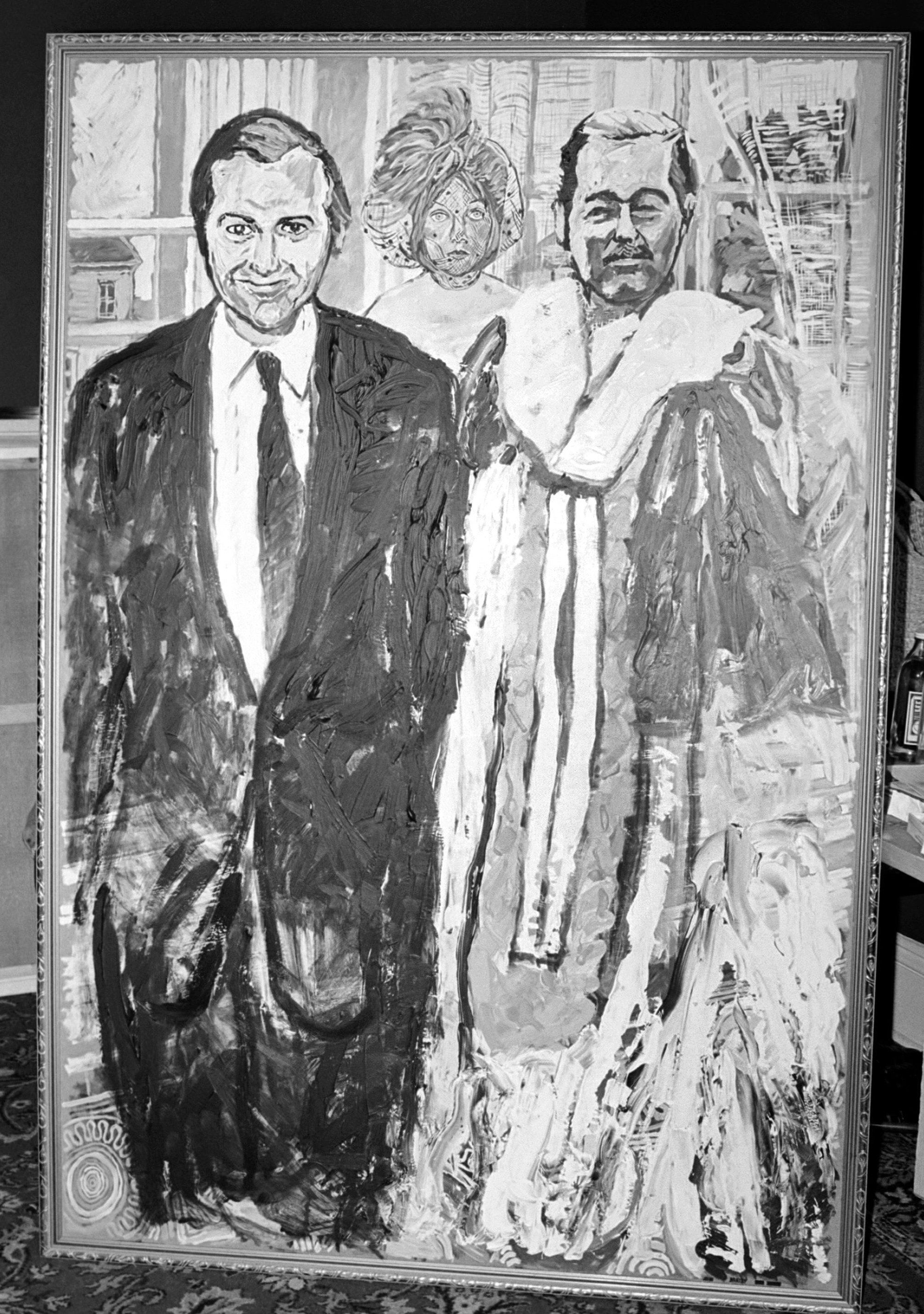 "Los fugitivos", un retrato doble pintado por el británico John Bratby en 1975 de John Stonehouse y Lord Lucan, la pareja de fugitivos más famosa de 1974. La misteriosa mujer velada, es, según dice el artista, "La Diosa de la Catástrofe Psicológica".