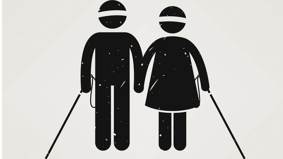 Dibujos de dos personas ciegas agarradas de la mano.