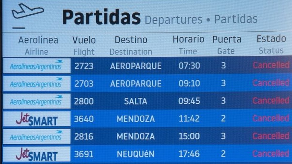 Monitor de salidas en el Aeropuerto de Rosario, Argentina. Foto del 26 de marzo de 2020.