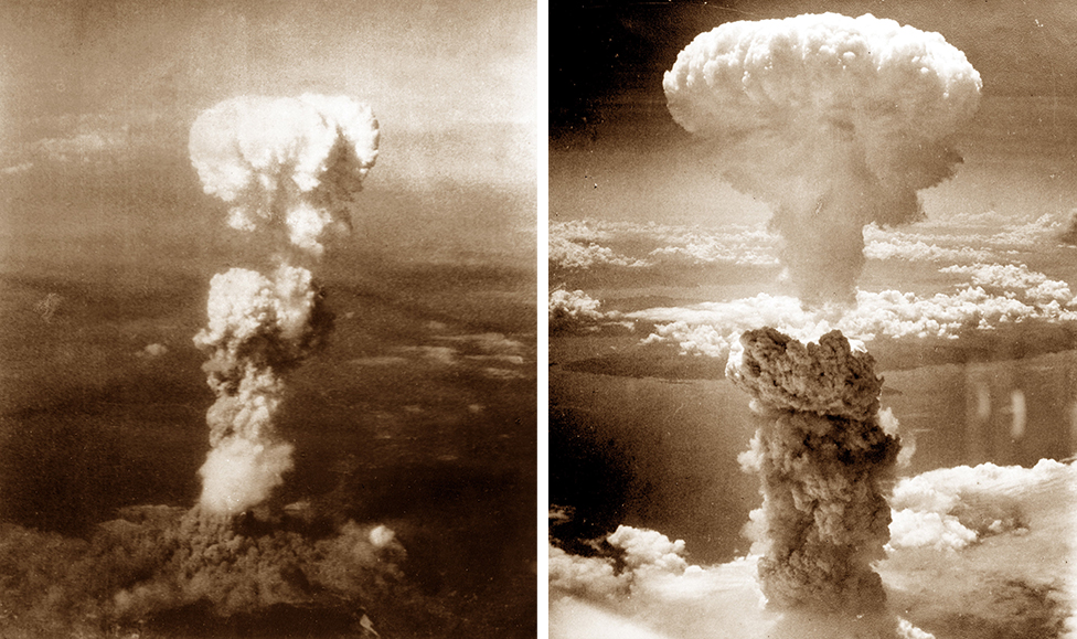 Two photos showing the mushroom clouds over Hiroshima and Nagasaki