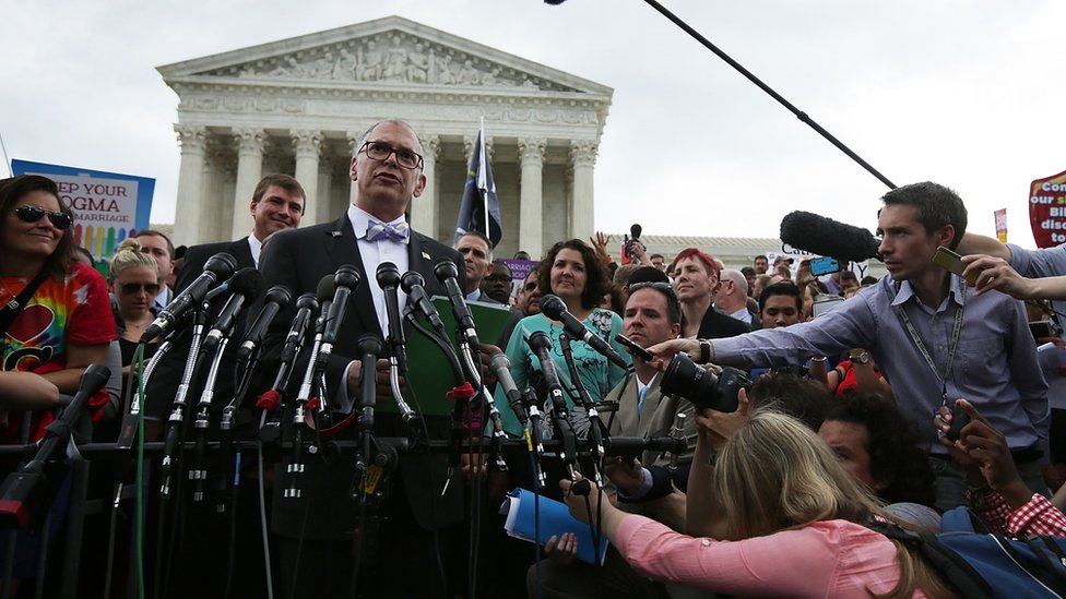 Plaintiff Jim Obergefell speaks to reporters after the ruling