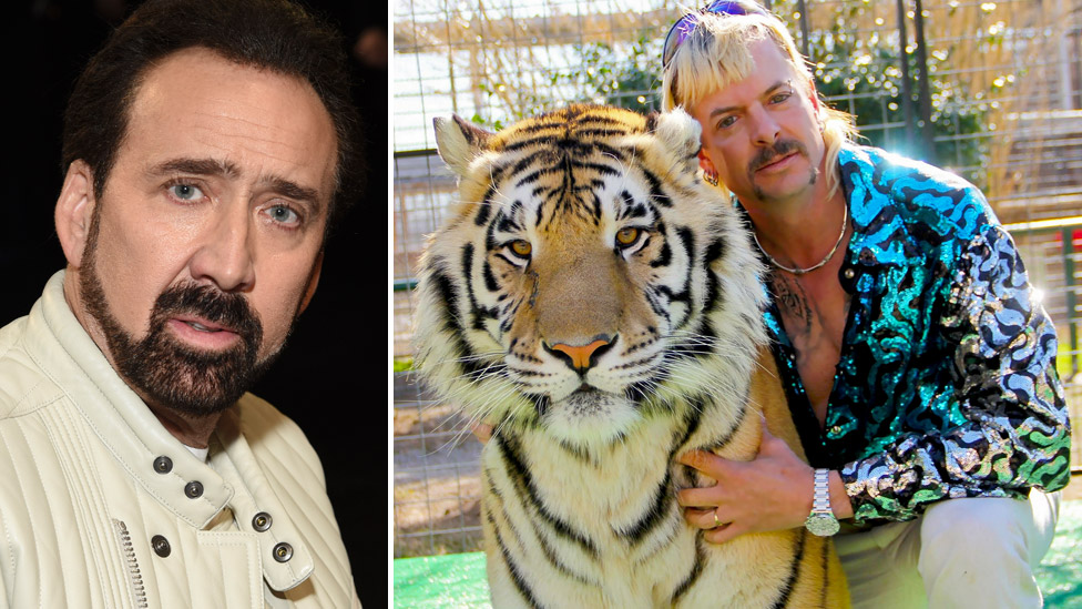 Nicolas Cage (left) and Joe Exotic in Tiger King