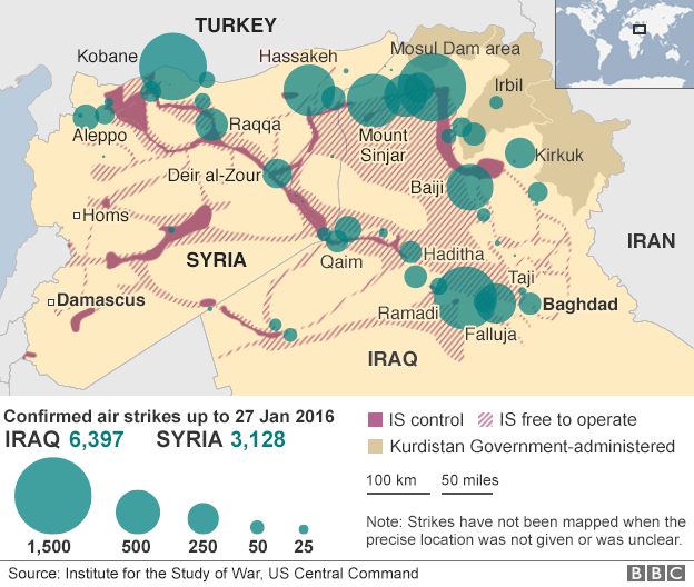 Карта авиаударов в Ираке и Сирии с августа 2014 года
